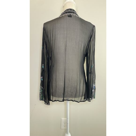 Silkland 100% Silk Black L Embroidered Beaded Sequined Blouse Sheer Rainbow - Picture 6 of 15